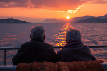 Poster - Golden Years Glide: Elderly Couple's Sunset Cruise into the Horizon