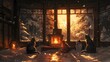 A cozy living room with a burning fireplace surrounded by Christmas decorations and a Christmas tree, radiating warmth and tradition