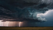 A dramatic thunderstorm rolling in over the plains, lightning crackling in the distance.