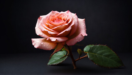 Pink rose with a cropped stem on black background