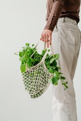 Wall Mural - Fashionable woman holding an organic cotton net bag with fruit and vegetables, white sneakers, summer outfit, closeup on the shoes, white background. Minimalistic concept.