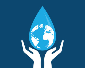 Wall Mural - hand holding water drop world map on blue background. world water day concept. vector illustration flat design.
