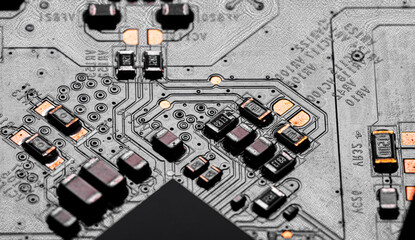 Wall Mural - Close up of components and microchips on PC circuit board.