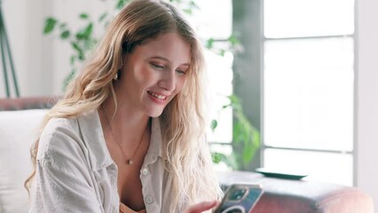 Poster - Woman, cellphone and laughing for internet at home for digital communication, networking or scroll. Female person, sofa and smartphone or reading social media in apartment or relax, search or online