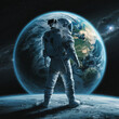 An astronaut standing on a distant celestial body with the planet earth visible in the backdrop.