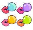 set of vector cartoon of lips blowing color bubble gum