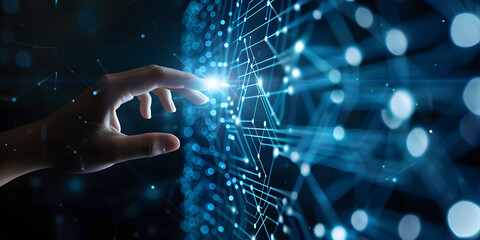Fingers touching a glowing digital connection network, data transferring in the style of technology with a hand on a blue background. Concept of Digital transformation and next generation technology.