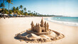Sand castle sculpture on a island beach, warm and sunny summer day with shady palm trees in background, relaxing tropical holiday hobby.

