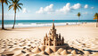 Sand castle sculpture on a island beach, warm and sunny summer day with shady palm trees in background, relaxing tropical holiday hobby.
