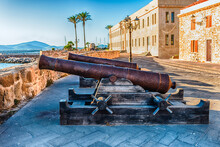 Disused Cannons On The Historic Ramparts In Alghero, Sardinia, Italy