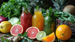 fresh vegetables and fruits drinks in glass bottles 