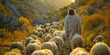 Jesus Christ leads a flock of sheep in prayer. Concept Nature, Spirituality, Religion, Faith, Prayer