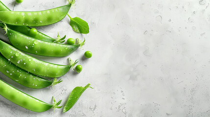 Poster - Sugar snap peas with water droplets on white textured marble background.