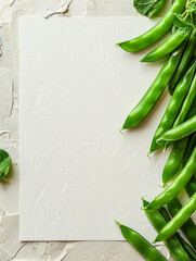 Sticker - Bright green sugar snap peas arranged on a white textured background with space for text.