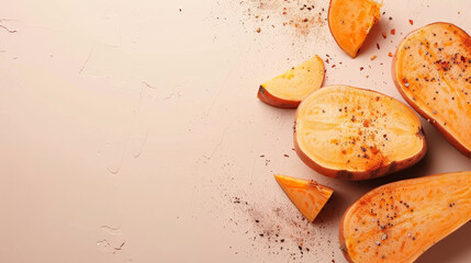 Sticker - Sweet potato halves seasoned on a creamy backdrop.