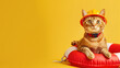 Brown tabby cat wearing red firefighter helmet and sitting inside white lifebuoy against yellow background