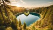 generative ai heart shaped blue lake surrounded by pine forest green trees valentine s day card love symbol amazing scenery nature travel clear pond