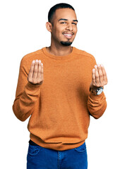 Poster - Young african american man wearing casual clothes doing money gesture with hands, asking for salary payment, millionaire business