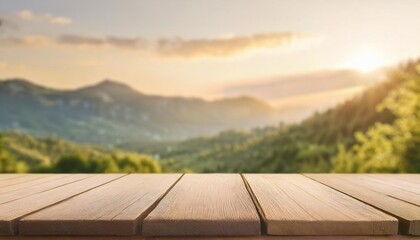 Poster - wooden bar empty blank tabletop focused with blurry nature greenery mountain view background for mock up and montage product display advertisement with generative ai