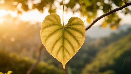 Wall Mural - green leaf in the shape of heart hanging on branch love nature concept