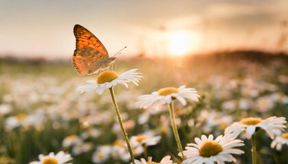 Wall Mural - field of daisies in golden rays of the setting sun in spring summer nature with an orange butterfly outdoors ai generated