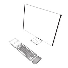 Poster - Monitor PC mockup. Wireframe thin frame monitor or PC with mouse and keyboard isolated on white background. Wireframe for web site, presentation. Vector monitor, keyboard, computer mouse. 3D.
