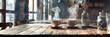 A cozy cafe scene with steaming cups of coffee on rustic wooden tables, real photo, Creative coffee banner panorama wallpaper