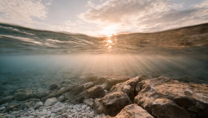 Wall Mural - serene underwater view with sun rays and rocky bottom