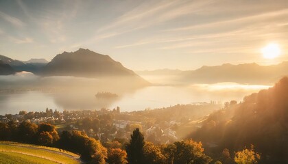 Sticker - outstanding autumn view on suburb of stansstad city and lucerne lake with mountaines and fog