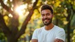 © starush - A man with a white shirt and beard smiling in the sun, AI