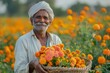 A Indian or Asian farmer holding a basket of picked flower from his field with a big space and blurry backdrop for text or product, Generative AI.