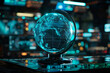 Geopolitical risk analysis on a holographic globe, future corporate strategy setting