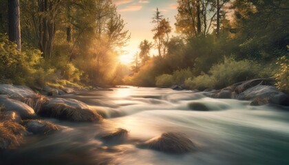 Poster - river flowing through the forest calm moody nature background long exposure peaceful green environment 3d render 3d illustration