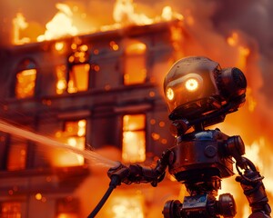 Wall Mural - A robot firefighter extinguishes a burning building