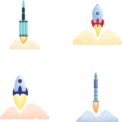 Poster - Rocket launch icons set cartoon vector. Spacecraft launch and fire flame. Aviation and space