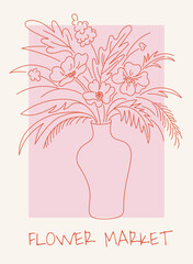 Aufkleber - Vector abstract hand-drawn illustration in simple linear minimal style, floral decoration and frame for prints, invitations, cards