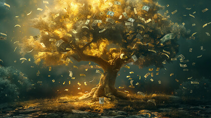 An artistic depiction of a magical money tree with leaves made of dollar bills, glowing amidst a mystical atmosphere..