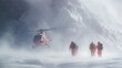Rescue personnel in wild field in rescue mission with helicopter in snow mountain