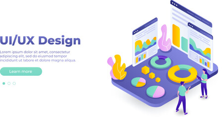 Poster - Vector isometric illustration, ui concept for your website. Web UI/UX design concept. Data analysis, management, SEO, online shopping and startup business. Vector EPS 10