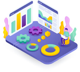 Poster - Vector isometric illustration, ui concept for your website. Web UI/UX design concept. Data analysis, management, SEO, online shopping and startup business. Vector EPS 10