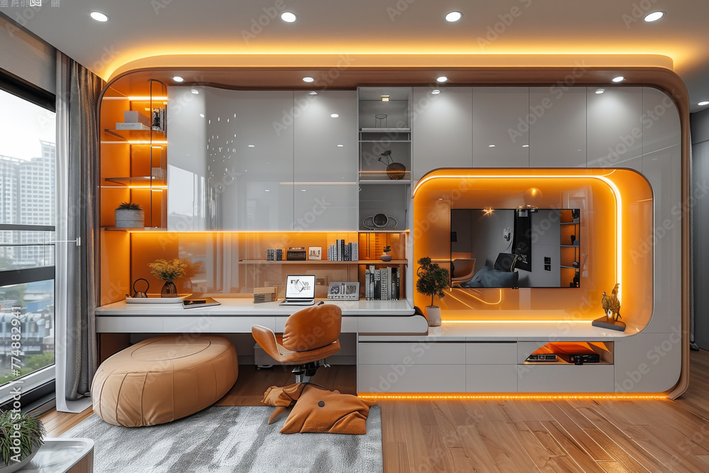 Generative ai illustration of a small study living room with bookcase ...