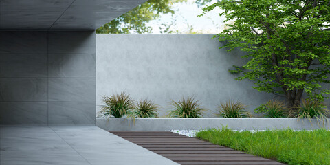 Canvas Print - Modern home interior design with zen garden. Luxury house with empty concrete wall with sun light, green tree and outdoor plants.