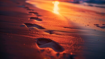 Wall Mural - A serene close-up of barefoot footsteps on a sandy beach at sunset, reminiscent of a tranquil escape