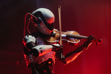 Wall Mural - An android robot playing a violin at an orchestral classical music concert performing as part of the orchestra. Technology and artificial intelligence as automated entertainment, stock illustration