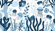 Minimalistic abstract with flat sea flowers, corals and jellyfish