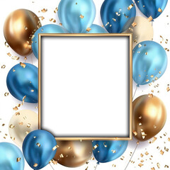 Wall Mural - Birthday card template with photo frame with blue and gold balloons. Happy anniversary or birthday balloons with frame