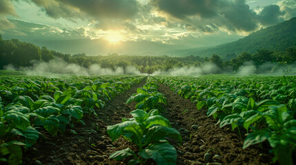 Pepper seedlings growing in the field at sunset. agriculture