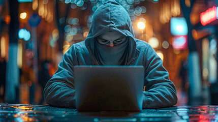 Poster - Hacker in hood using laptop on the street at night. Cybercrime concept