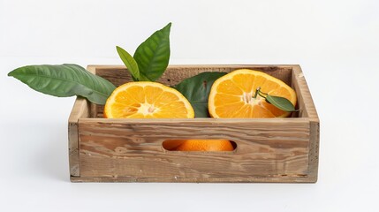 Poster - Generative AI : Orange fruit with half slice and green leaves in wooden box isolated on white background.