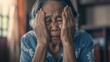 Generative AI : Depressed asian senior woman with depression,anxiety,depressive illness,tired old elderly patient crying alone at home,debilitating